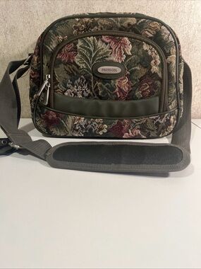 Protocol Floral Tapestry Crossbody Bag Carry on Luggage in Olive and Burgundy